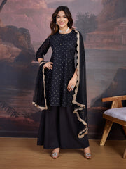 Chanderi Silk Short Flared Kurta with Palazzo & Net Dupatta