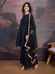 Chanderi Silk Short Flared Kurta with Palazzo & Net Dupatta