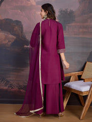 Silk Blend Flared Kurta with Embroidered Neck, Palazzo, and Net Dupatta Set