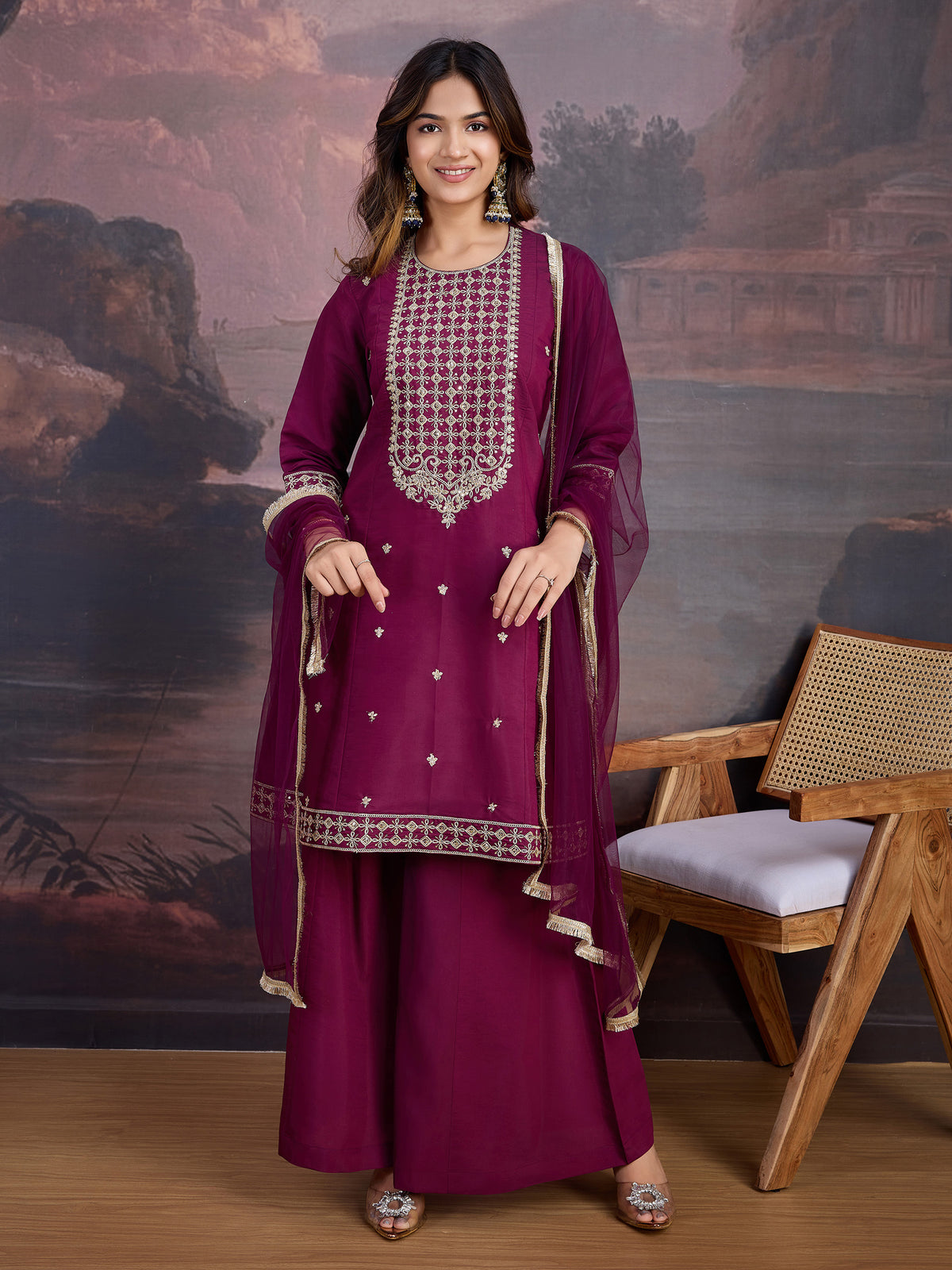 Silk Blend Flared Kurta with Embroidered Neck, Palazzo, and Net Dupatta Set