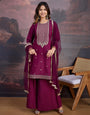 Silk Blend Flared Kurta with Embroidered Neck, Palazzo, and Net Dupatta Set