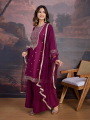 Silk Blend Flared Kurta with Embroidered Neck, Palazzo, and Net Dupatta Set