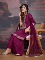 Silk Blend Flared Kurta with Embroidered Neck, Palazzo, and Net Dupatta Set