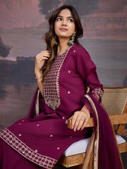 Silk Blend Flared Kurta with Embroidered Neck, Palazzo, and Net Dupatta Set