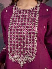 Silk Blend Flared Kurta with Embroidered Neck, Palazzo, and Net Dupatta Set