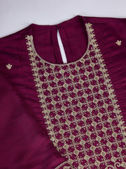 Silk Blend Flared Kurta with Embroidered Neck, Palazzo, and Net Dupatta Set