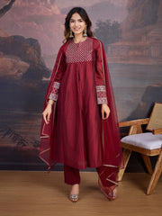 Red Chanderi Cotton Silk Kurta with Pant, & Net Dupatta