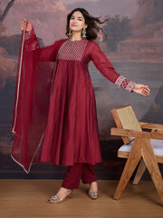 Red Chanderi Cotton Silk Kurta with Pant, & Net Dupatta