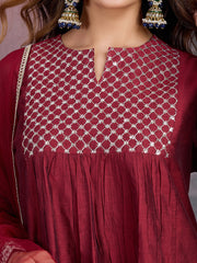 Red Chanderi Cotton Silk Kurta with Pant, & Net Dupatta