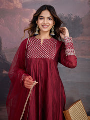 Red Chanderi Cotton Silk Kurta with Pant, & Net Dupatta