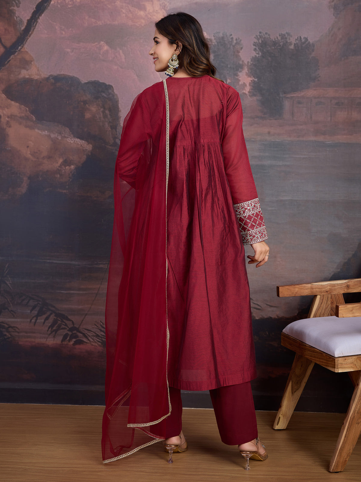 Red Chanderi Cotton Silk Kurta with Pant, & Net Dupatta