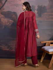 Red Chanderi Cotton Silk Kurta with Pant, & Net Dupatta