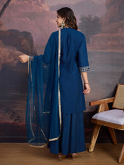 Silk Blend Flared Kurta with Embroidered Neck, Palazzo, and Net Dupatta Set