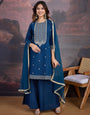 Silk Blend Flared Kurta with Embroidered Neck, Palazzo, and Net Dupatta Set