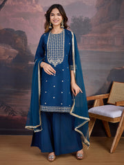 Silk Blend Flared Kurta with Embroidered Neck, Palazzo, and Net Dupatta Set