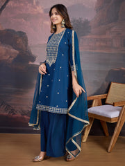 Silk Blend Flared Kurta with Embroidered Neck, Palazzo, and Net Dupatta Set