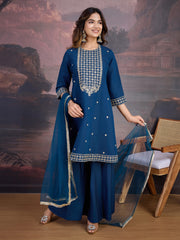 Silk Blend Flared Kurta with Embroidered Neck, Palazzo, and Net Dupatta Set