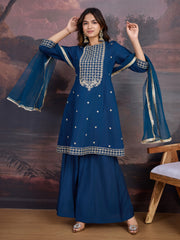 Silk Blend Flared Kurta with Embroidered Neck, Palazzo, and Net Dupatta Set