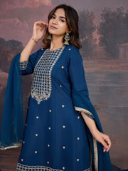 Silk Blend Flared Kurta with Embroidered Neck, Palazzo, and Net Dupatta Set