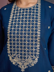 Silk Blend Flared Kurta with Embroidered Neck, Palazzo, and Net Dupatta Set