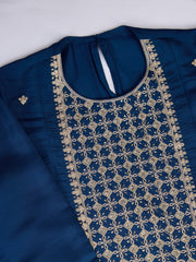 Silk Blend Flared Kurta with Embroidered Neck, Palazzo, and Net Dupatta Set