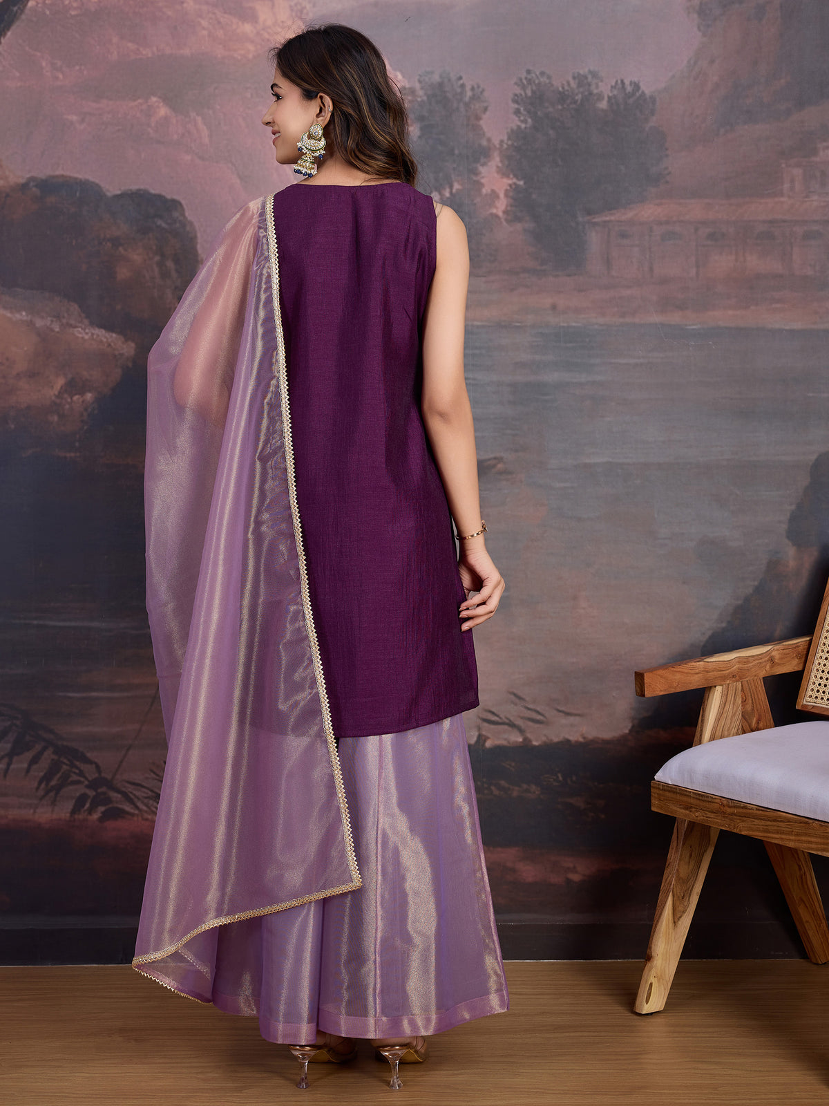 Vichitra Silk Blend Kurta, Net Palazzo, and Net Dupatta Set with Inner