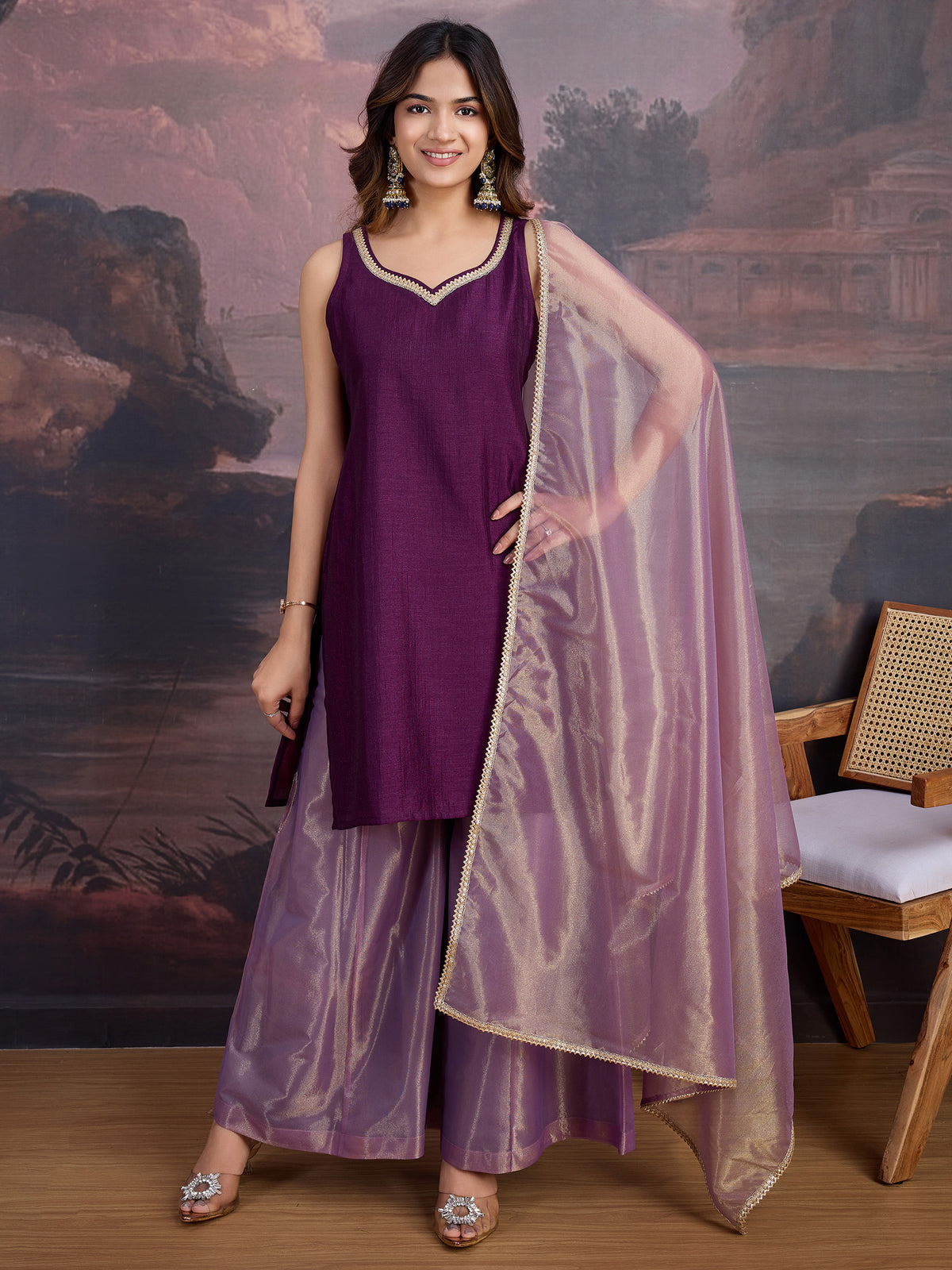 Vichitra Silk Blend Kurta, Net Palazzo, and Net Dupatta Set with Inner.