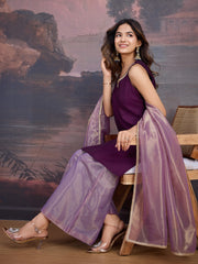 Vichitra Silk Blend Kurta, Net Palazzo, and Net Dupatta Set with Inner.