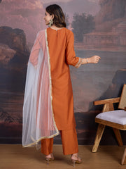 Silk Blend Embroidered Round Neck Kurta, Pant and Dupatta Set.