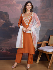 Silk Blend Embroidered Round Neck Kurta, Pant and Dupatta Set.