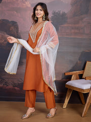 Silk Blend Embroidered Round Neck Kurta, Pant and Dupatta Set.