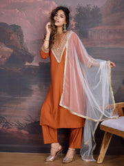 Silk Blend Embroidered Round Neck Kurta, Pant and Dupatta Set.