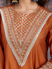 Silk Blend Embroidered Round Neck Kurta, Pant and Dupatta Set.