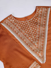 Silk Blend Embroidered Round Neck Kurta, Pant and Dupatta Set.