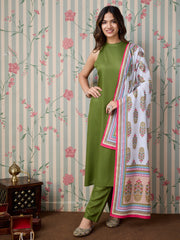 Green Rayon Kurta with Pant & Floral Printed Dupatta