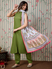 Green Rayon Kurta with Pant & Floral Printed Dupatta