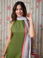 Green Rayon Kurta with Pant & Floral Printed Dupatta