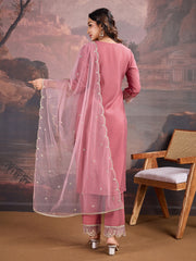 Carrot pink Silk Blend Kurta with Pants & Dupatta.