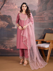 Carrot pink Silk Blend Kurta with Pants & Dupatta.