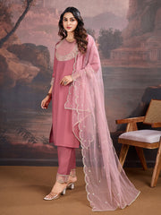 Carrot pink Silk Blend Kurta with Pants & Dupatta.