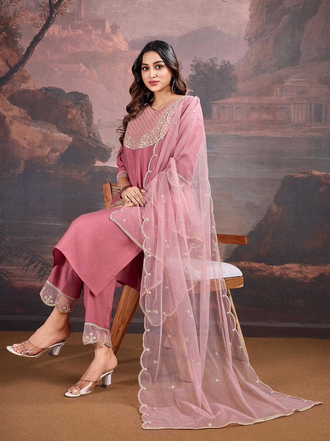 Carrot pink Silk Blend Kurta with Pants & Dupatta.