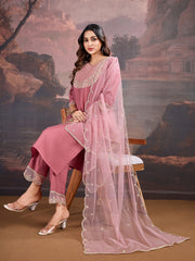 Carrot pink Silk Blend Kurta with Pants & Dupatta.