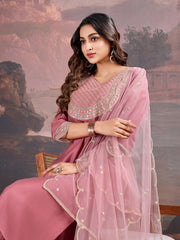 Carrot pink Silk Blend Kurta with Pants & Dupatta.