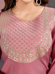 Carrot pink Silk Blend Kurta with Pants & Dupatta.