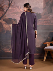 Purple Silk Blend Kurta with Pants & Dupatta