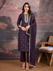 Purple Silk Blend Kurta with Pants & Dupatta