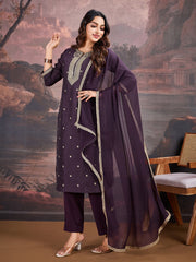 Purple Silk Blend Kurta with Pants & Dupatta