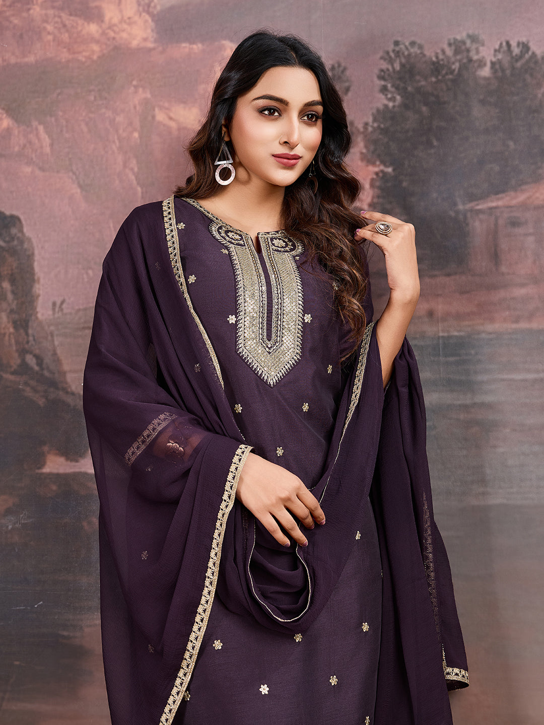 Purple Silk Blend Kurta with Pants & Dupatta