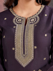 Purple Silk Blend Kurta with Pants & Dupatta