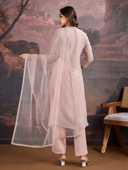 Pink Jacquard Chanderi Cotton Silk Kurta, Pant and Dupatta Set.